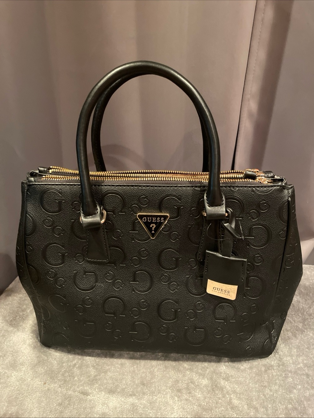 GUESS Black Embossed Logo Satchel with Gold Hardware